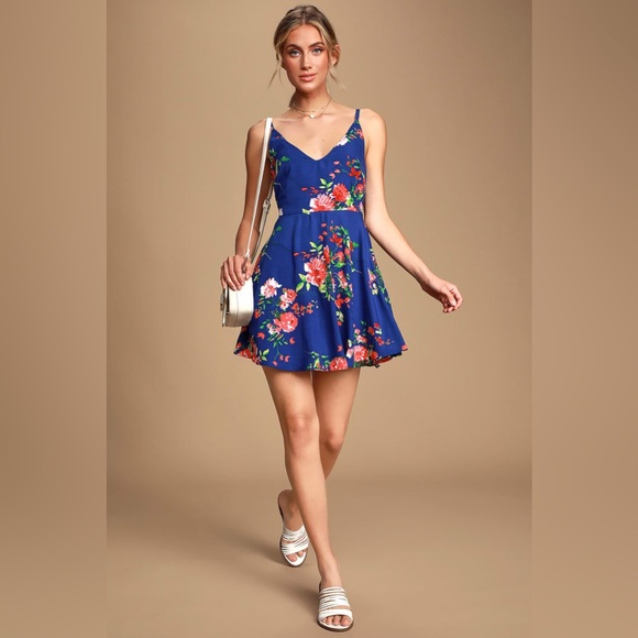 🆕Lulus Bridge to Love Cobalt Floral Print Skater Mini Dress M - Picture 3 of 8
